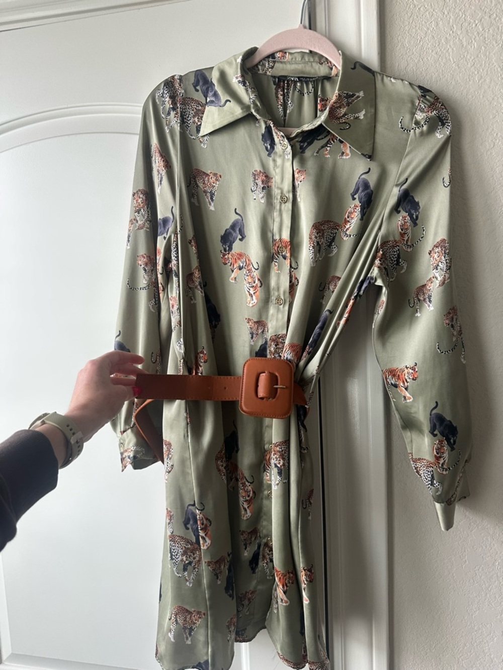 Zara Olive Green Mini Dress with Leopard & Navy Cat Print